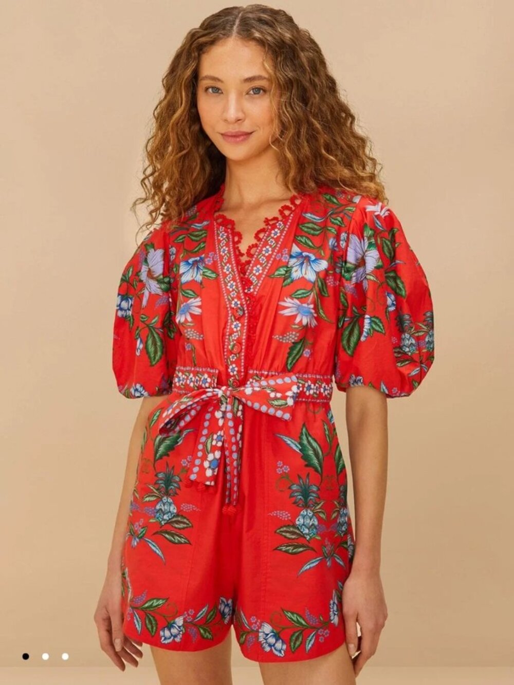FARM Rio Red Floral Tie-Waist Romper with Puff Sleeves